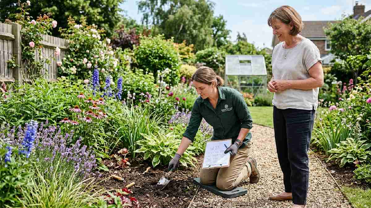 Professional gardening consultant examining soil and taking notes in client garden showing what a gardening consultant actually does on site. 