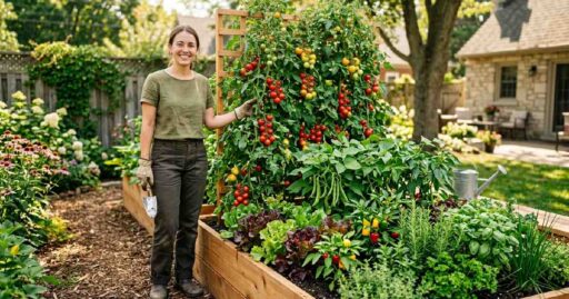 Beginner standing beside thriving cedar raised bed with tomatoes lettuce beans and herbs showing raised bed vegetable gardening for beginners.