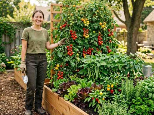 Beginner standing beside thriving cedar raised bed with tomatoes lettuce beans and herbs showing raised bed vegetable gardening for beginners.
