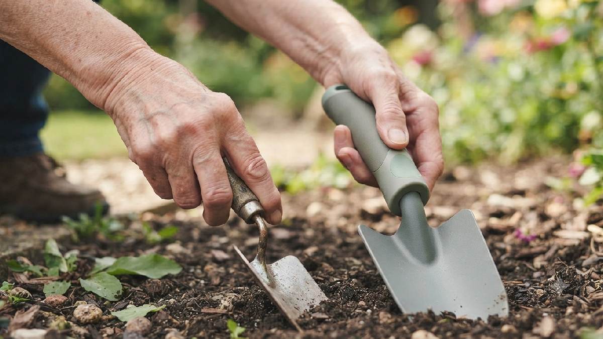 Arthritic hands holding garden tools