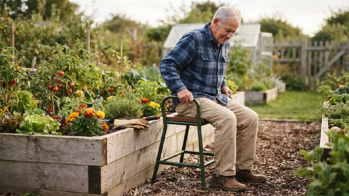 Senior man sitting down on a stable gardening stool