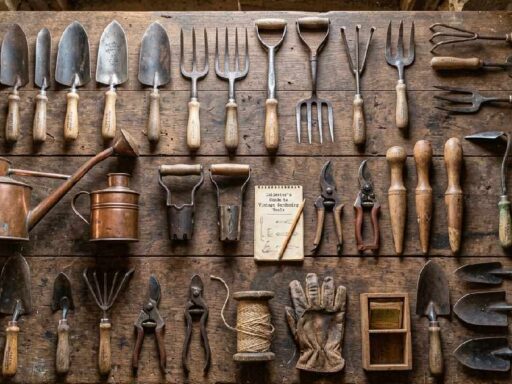 Complete vintage gardening tool collection with forged trowels, border forks, copper, watering cans, and dibbers showing a complete collecting and using guide.