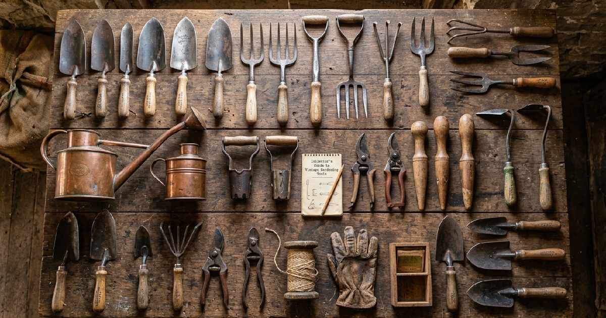 Complete vintage gardening tool collection with forged trowels, border forks, copper, watering cans, and dibbers showing a complete collecting and using guide.