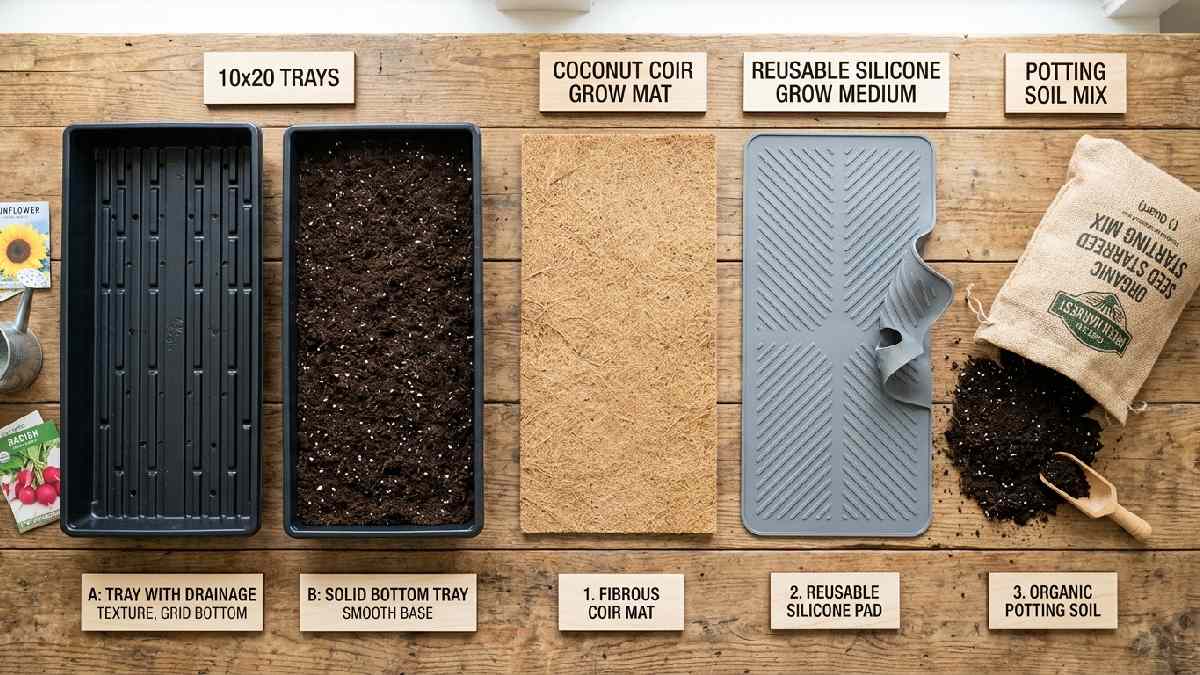 Black 10x20 trays coconut coir silicone medium and potting soil displayed showing how to choose right microgreen trays and growing medium. 