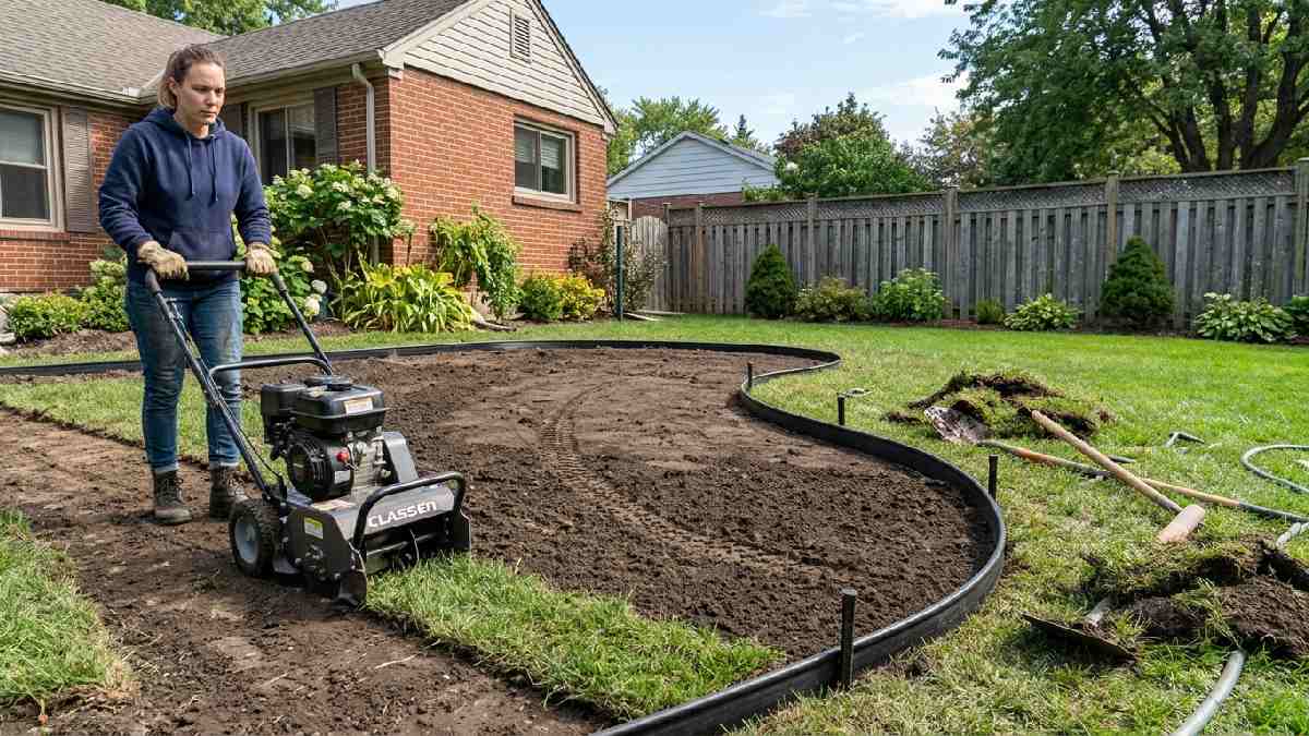 Homeowner removing weeds, leveling soil and installing rubber edging, showing how to prepare ground before installing gardening rocks properly.
