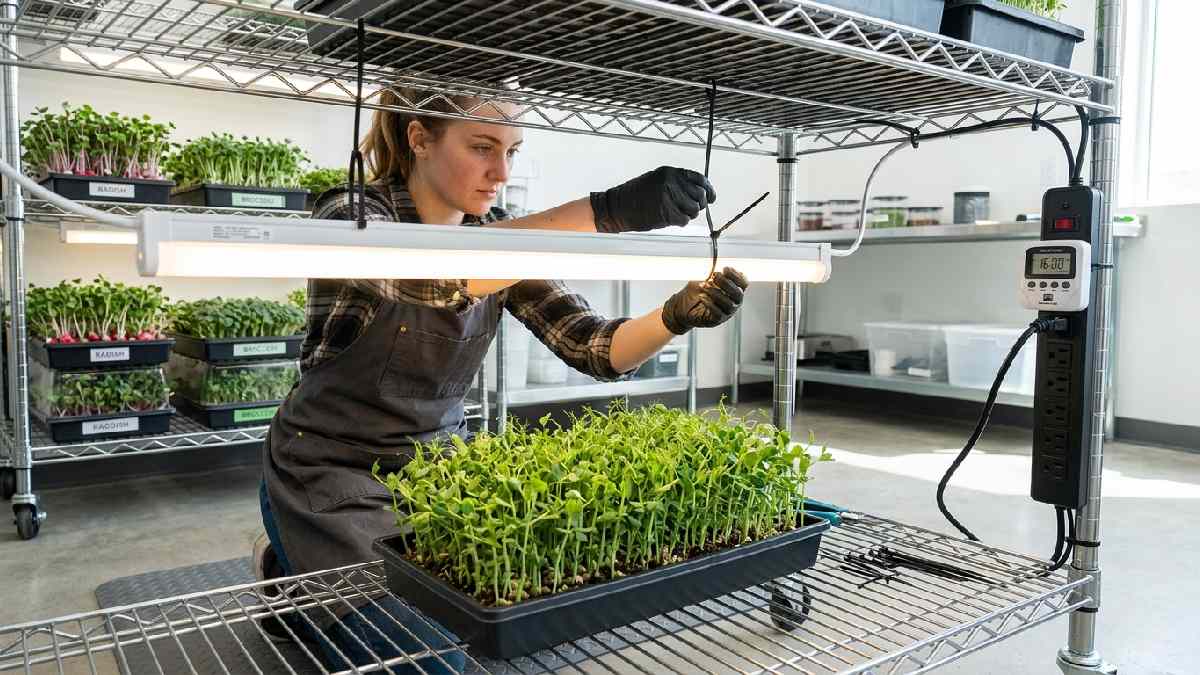 Person installing full-spectrum LED lights 4 to 6 inches above microgreen trays on rack shelf showing how to set up grow lights. 