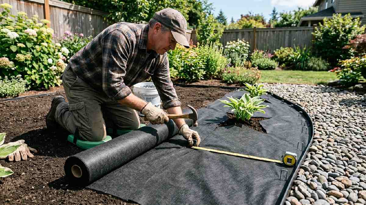 Person rolling landscape fabric over soil, securing with staples and cutting plant opening, showing how to use fabric under gardening rocks.
