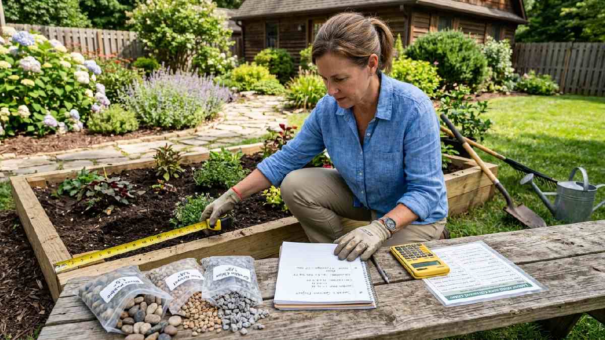Homeowner measuring garden bed with a tape measure beside calculator and rock samples showing how to calculate how much gardening rock is needed.
