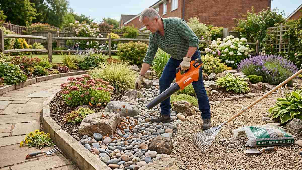 Homeowner blowing debris, pulling weeds, and raking rocks smooth, showing how to maintain gardening rocks properly after installation.

