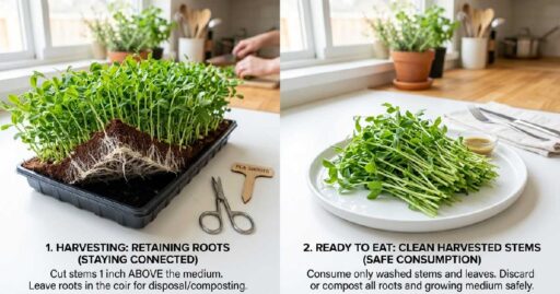 Microgreens with roots attached versus clean harvested stems on white plate answering can you eat microgreen roots safely at home.