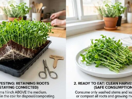 Microgreens with roots attached versus clean harvested stems on white plate answering can you eat microgreen roots safely at home.