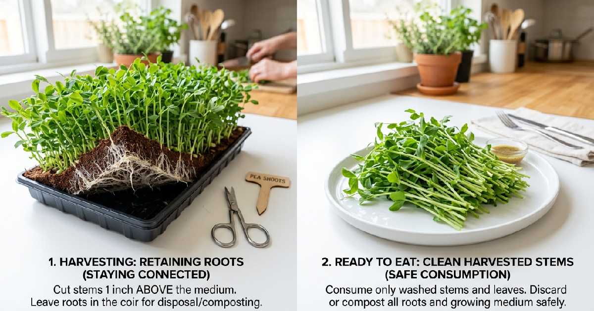 Microgreens with roots attached versus clean harvested stems on white plate answering can you eat microgreen roots safely at home.