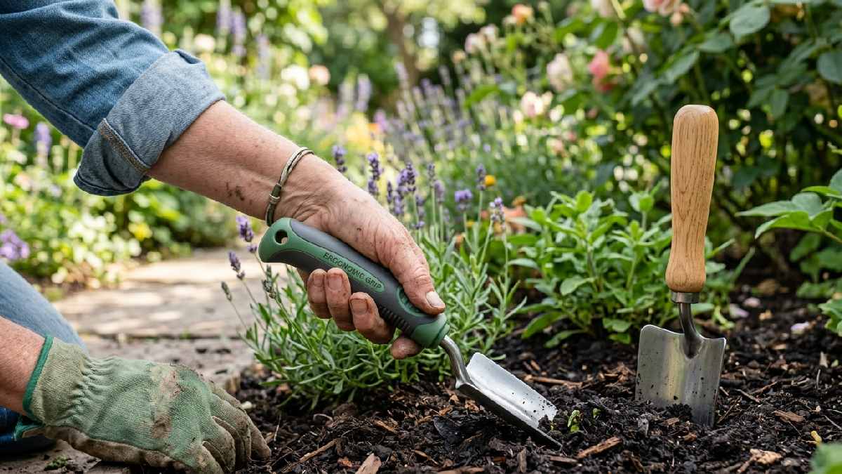 Gardener gripping ergonomic cushioned garden tool handle in relaxed wrist position showing ergonomic design and comfort advantages over traditional tools.