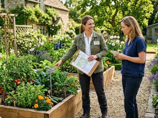 Professional gardening consultant with clipboard pointing to thriving raised beds and flower borders showing complete guide to professional garden help 2026.
