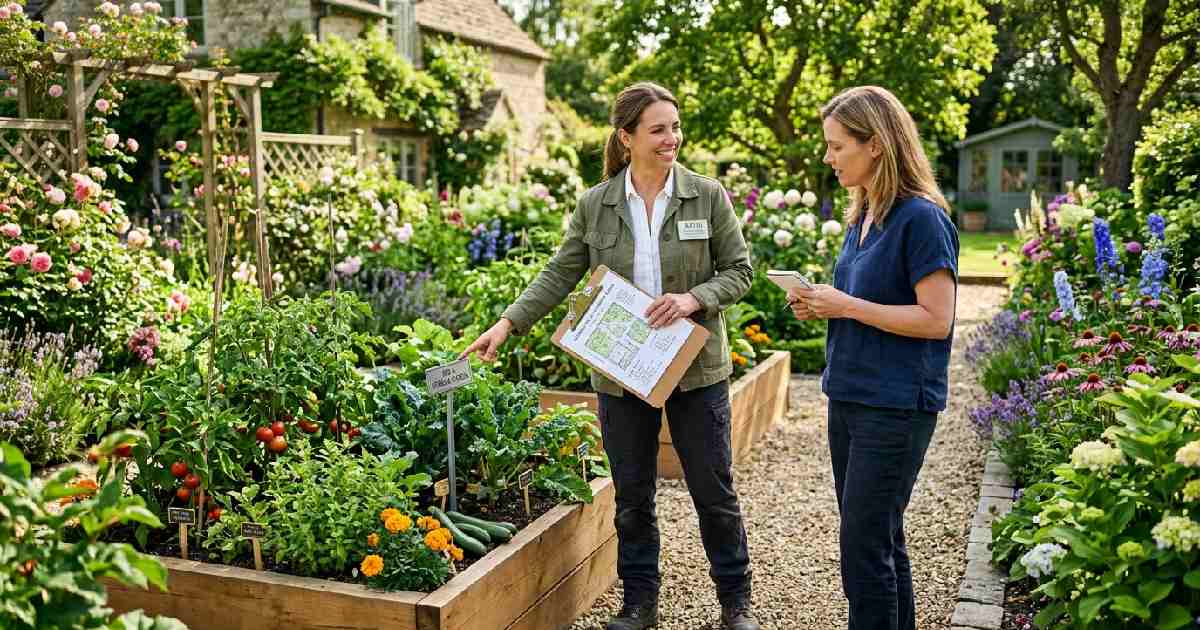 Professional gardening consultant with clipboard pointing to thriving raised beds and flower borders showing complete guide to professional garden help 2026.