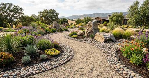 Beautiful garden with river stones, pea gravel pathway, boulders, and drought-tolerant plants showing a complete guide to using gardening rocks.