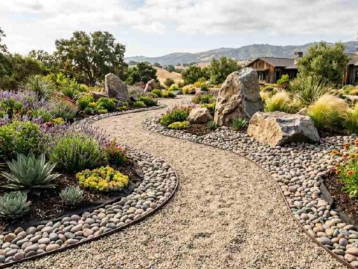 Beautiful garden with river stones, pea gravel pathway, boulders, and drought-tolerant plants showing a complete guide to using gardening rocks.
