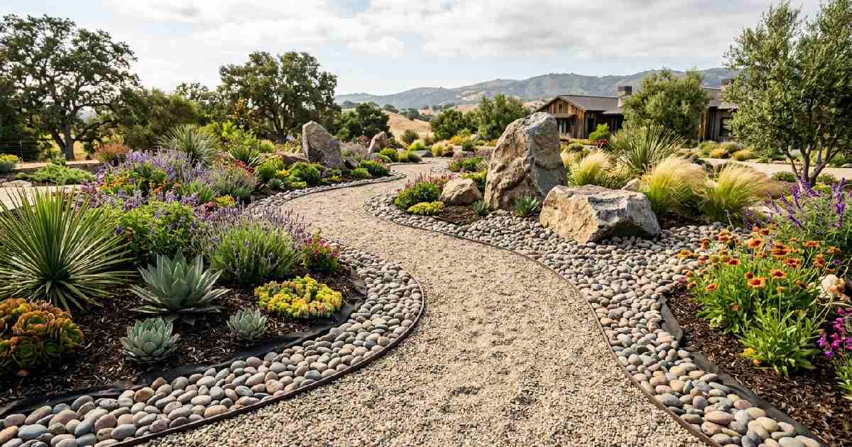 Beautiful garden with river stones, pea gravel pathway, boulders, and drought-tolerant plants showing a complete guide to using gardening rocks.
