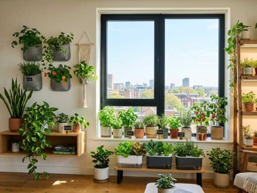 Bright modern apartment with herbs tomatoes wall planters tiered shelf and snake plant showing best beginner guide to apartment gardening 2026.