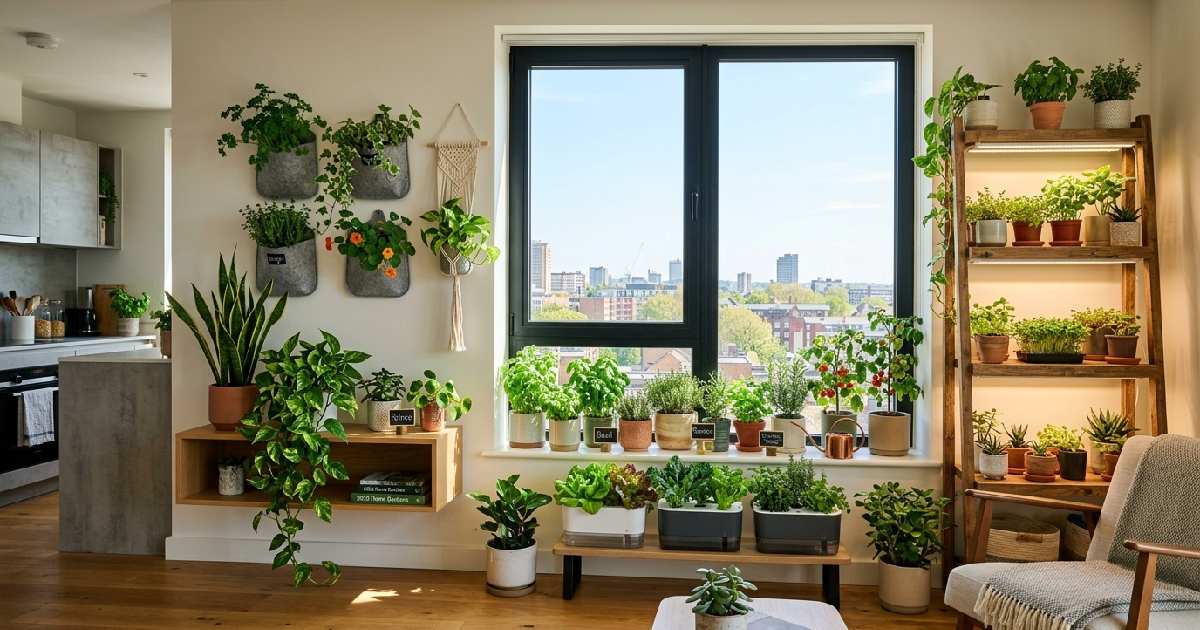 Bright modern apartment with herbs tomatoes wall planters tiered shelf and snake plant showing best beginner guide to apartment gardening 2026.