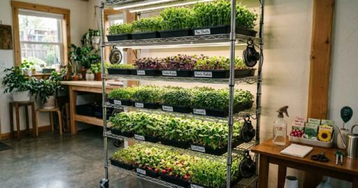 Six shelf wire microgreen growing rack with LED lights fans and lush trays of radish broccoli and pea shoots at home.