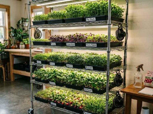 Six shelf wire microgreen growing rack with LED lights fans and lush trays of radish broccoli and pea shoots at home.