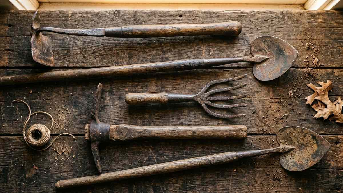 Hand-forged draw hoe Dutch scuffle hoe wrought iron cultivator grub mattock and heart-shaped hoe showing vintage hoes cultivators and digging tools collection.