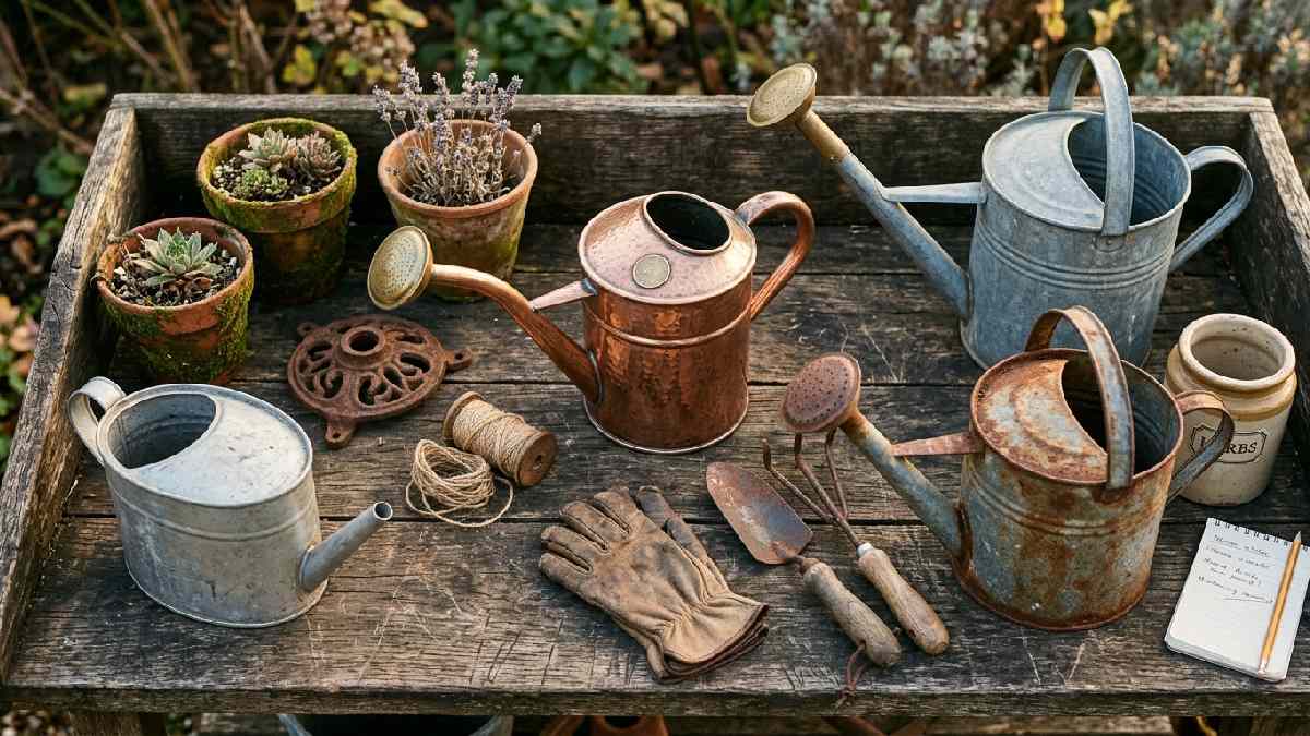 Copper Haws can French zinc watering can galvanized steel can antique terracotta pots and cast iron stand showing vintage garden accessories collection.