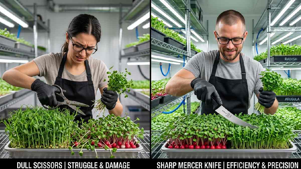 Dull scissors causing ragged cuts versus sharp harvesting knife making clean precise cuts showing benefits of using a proper microgreen harvester.