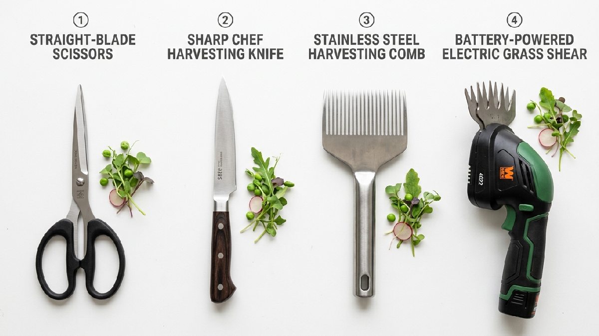 Straight scissors harvesting knife stainless comb and electric shear showing four different types of microgreen harvesters for home and commercial use.