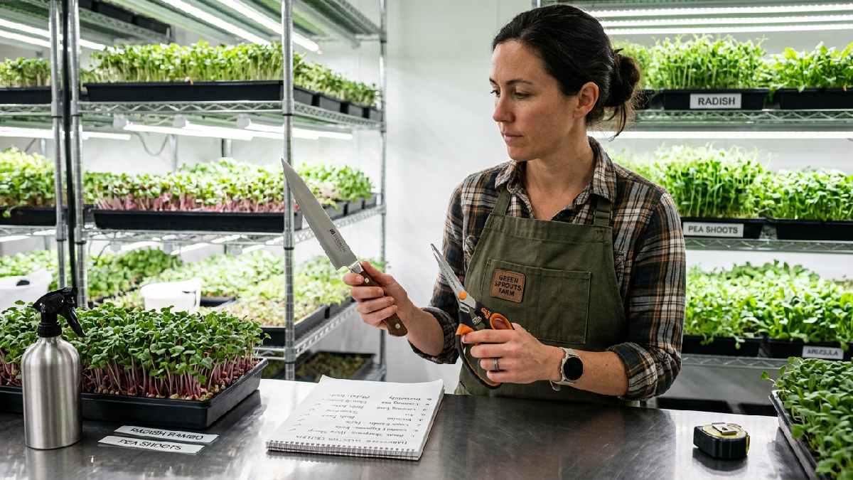 Grower comparing harvesting knife and scissors beside selection checklist showing how to choose the best microgreen harvester for home use.