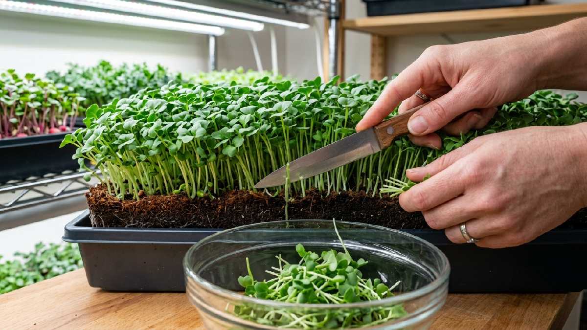 Hands cutting microgreen stems cleanly just above growing medium into container showing how to harvest microgreens correctly at home.