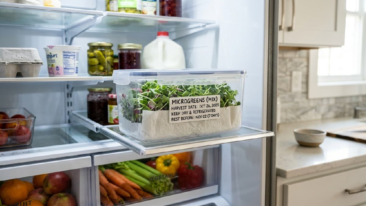 Dried microgreens sealed in paper-towel-lined container in refrigerator vegetable compartment showing how to store harvested microgreens properly for freshness.