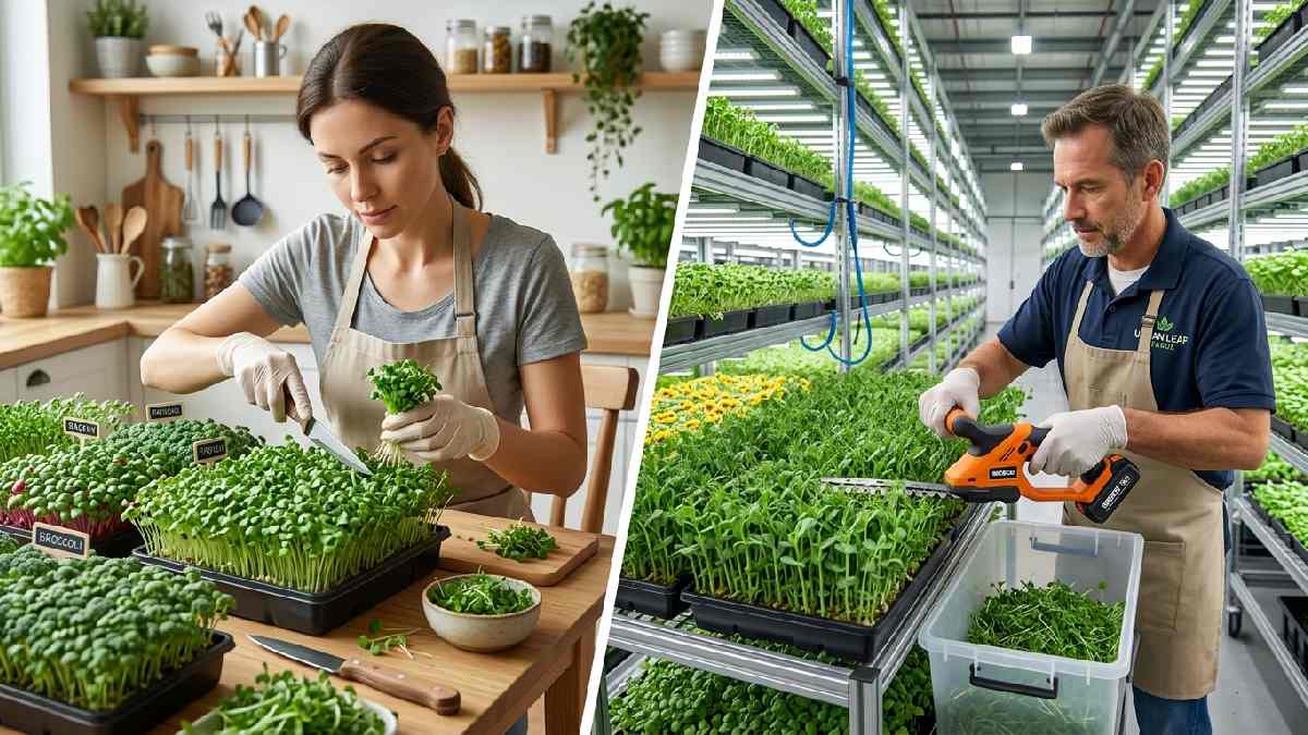 Grower using manual knife on small tray versus electric shear on large commercial trays showing manual versus electric microgreen harvester comparison.
