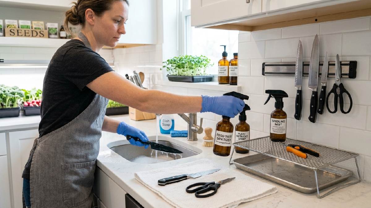 Grower washing sanitizing and drying harvesting knife and scissors with hydrogen peroxide showing how to clean and maintain microgreen harvesters.