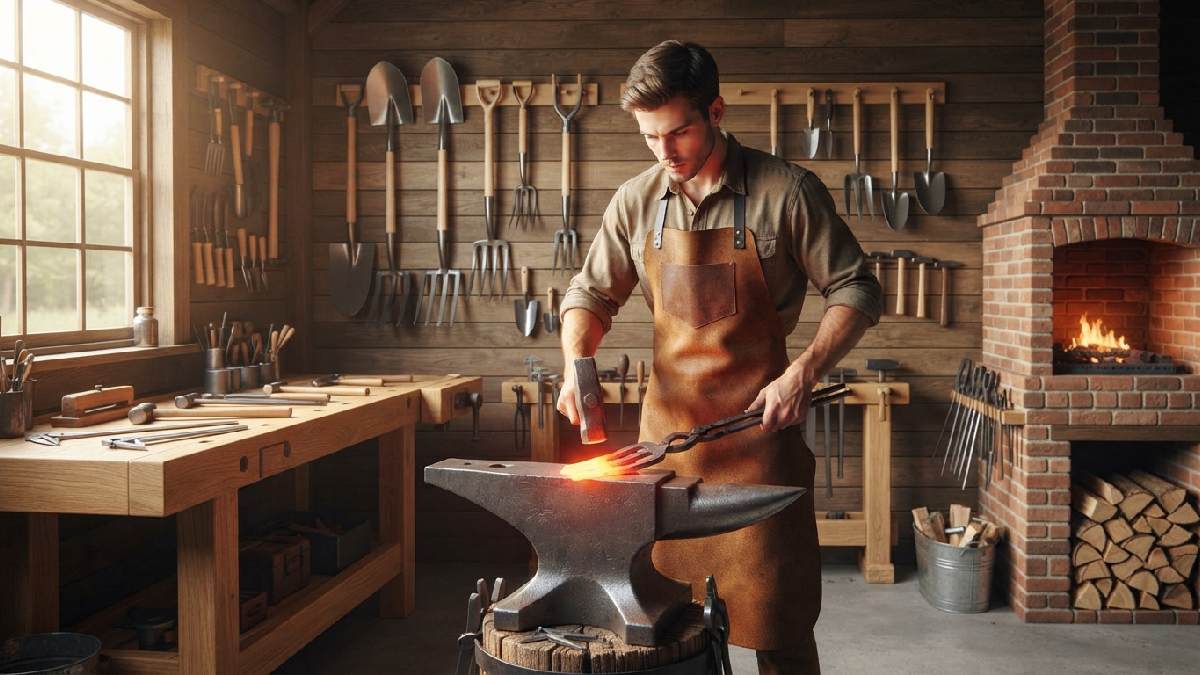 Historical workshop showing how antique garden tools were made.
