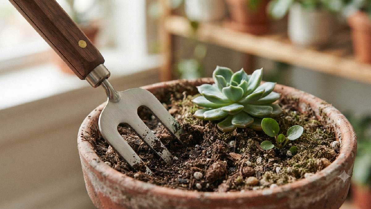Barebones Hand Fork in potted soil