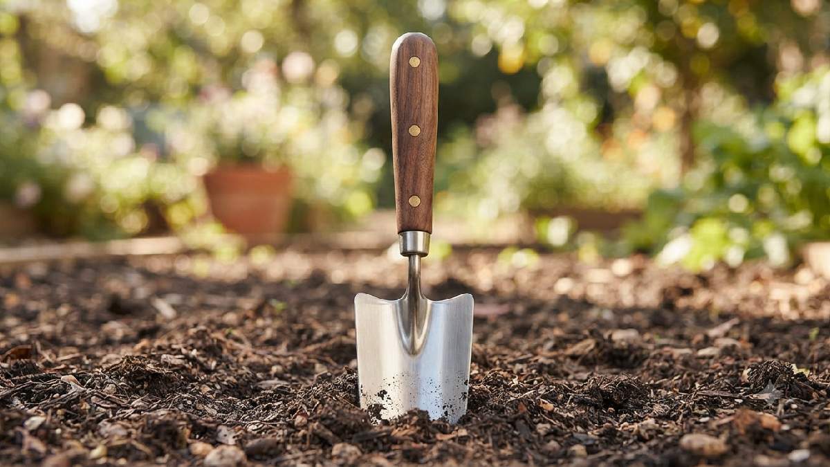 Barebones Hand Trowel in garden soil