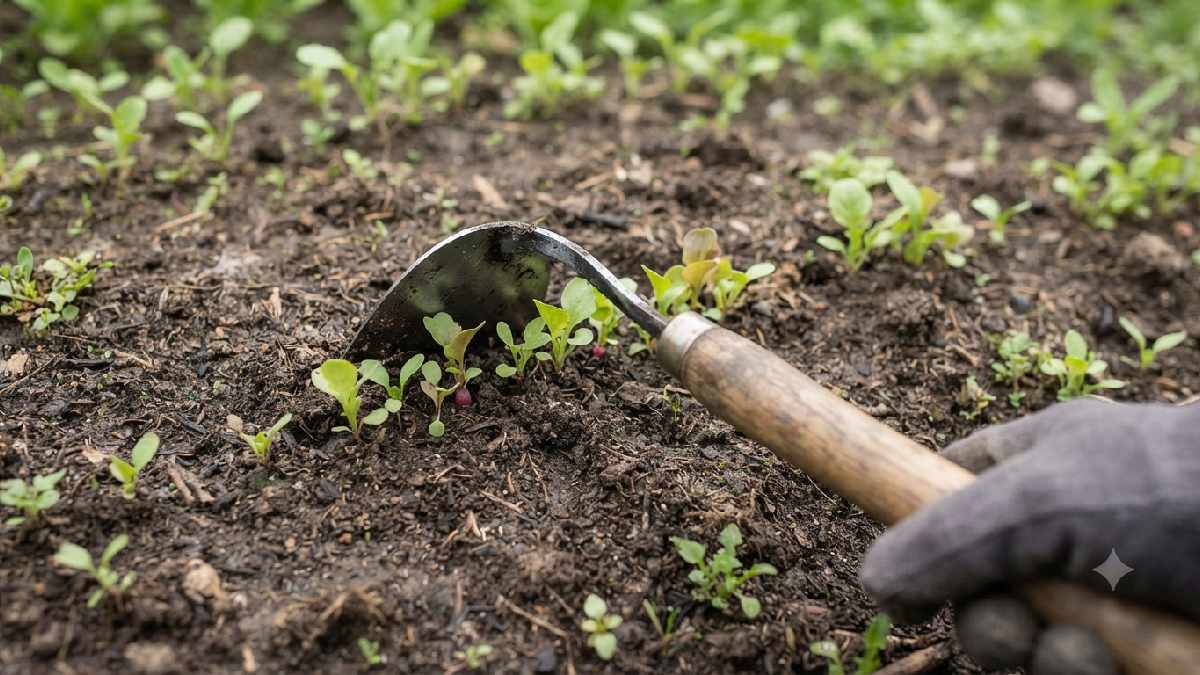 Barebones Japanese Weeding Hoe near seedlings