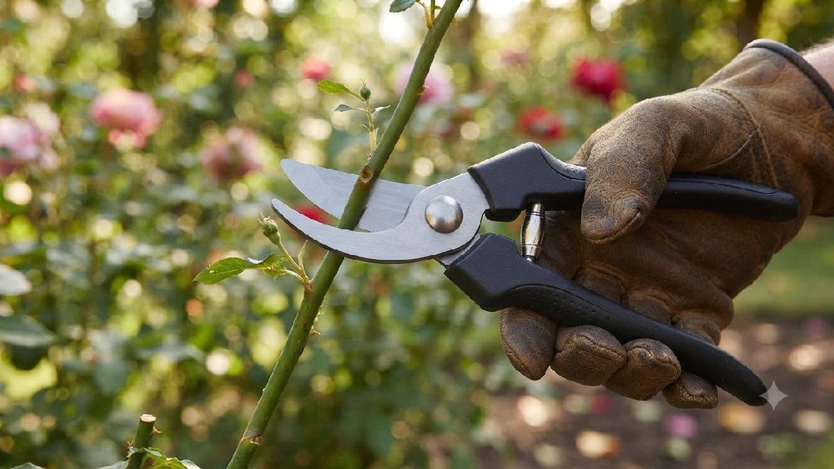 Barebones Pruning Shears cutting rose stem