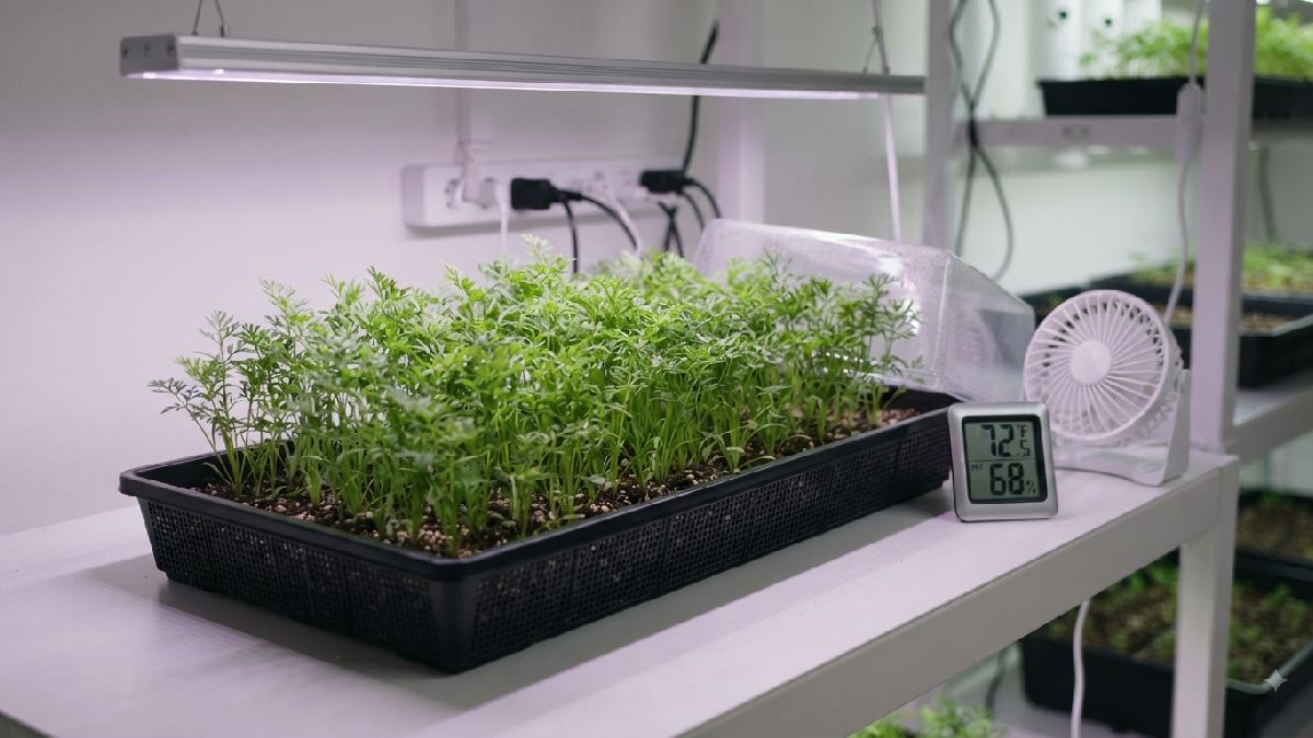 Ideal indoor conditions for carrot microgreens.