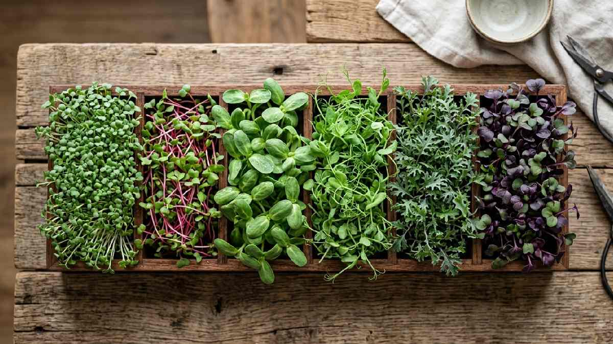 Six popular microgreen varieties arranged together for comparison.