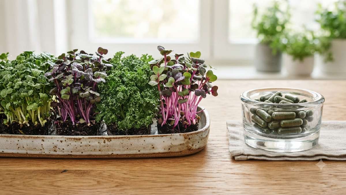 Fresh microgreens compared with microgreen capsules.
