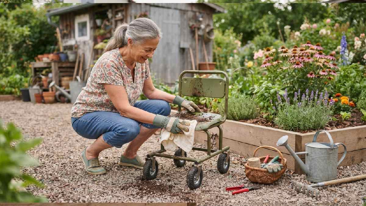 Gardener cleaning and maintaining a garden chair.