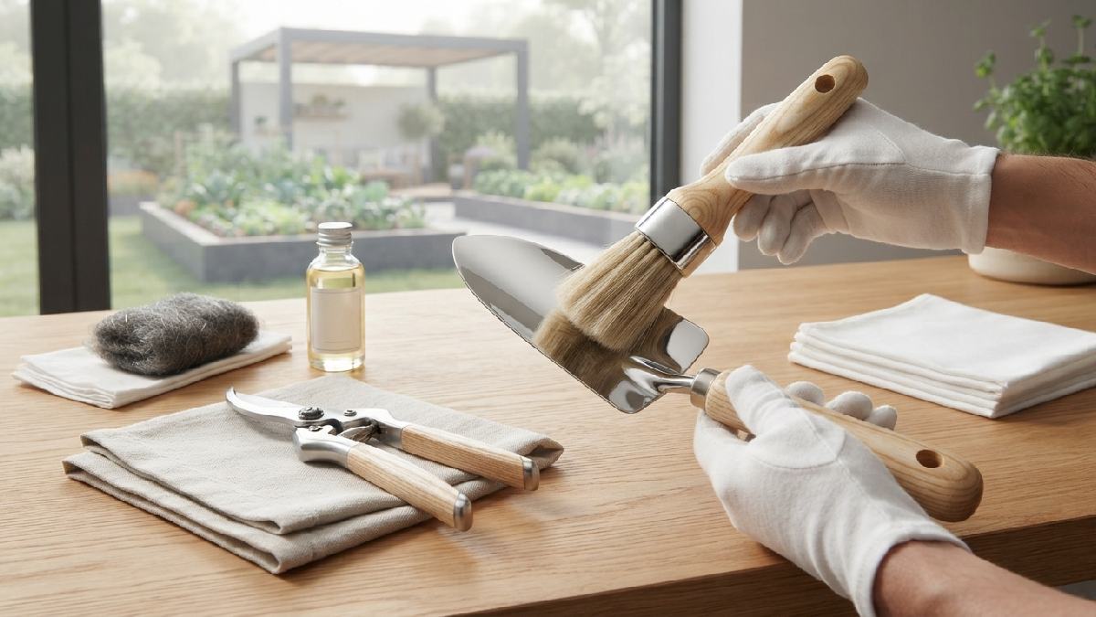 Antique garden tools being gently cleaned and preserved.