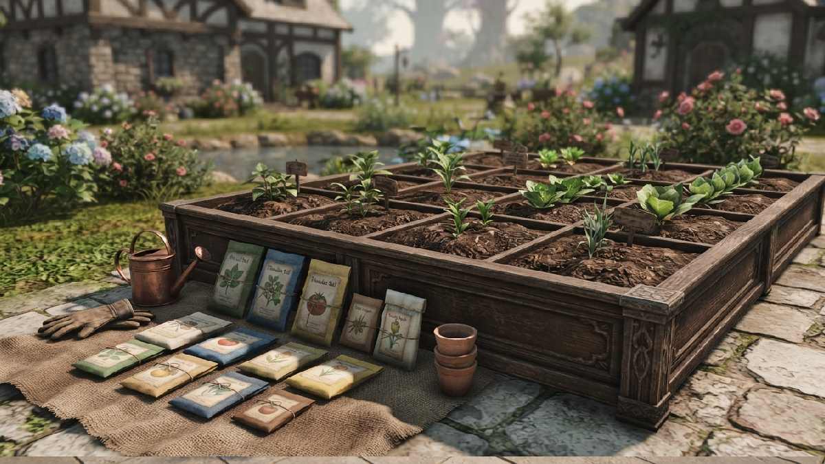 Different FFXIV seeds arranged beside healthy garden beds.