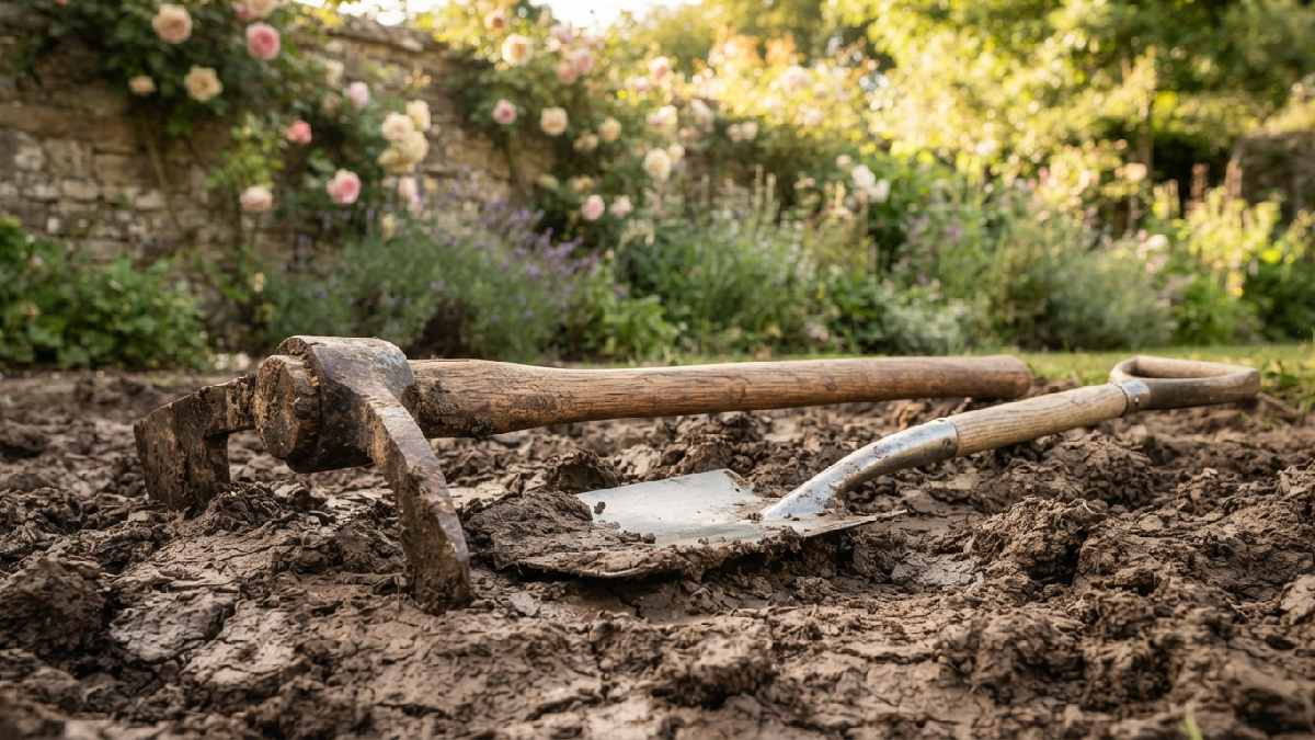 Antique clay mule compared with a standard garden spade.