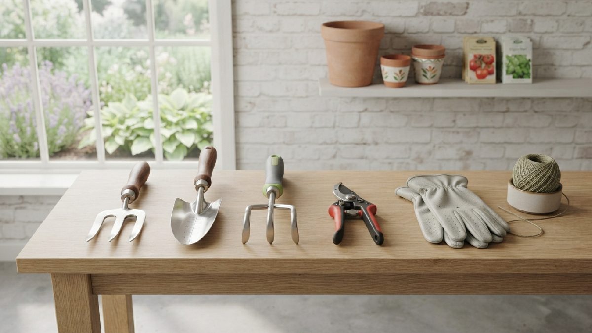 Collection of different antique garden tools.