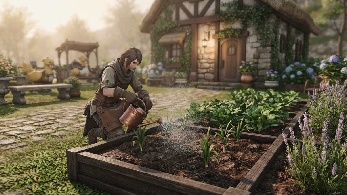 Healthy FFXIV garden being watered and carefully maintained.