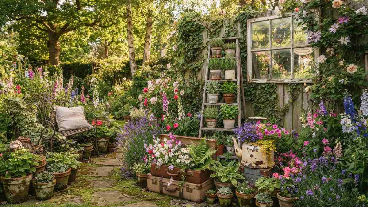 Vintage garden decorated with charming old household items.